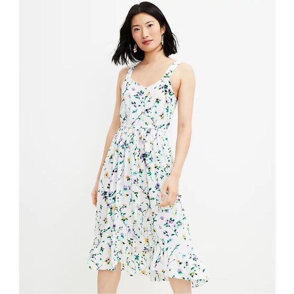 LOFT Women's Sleeveless Floral Button Ruffle Midi Dress Multicolor Size 12 - Picture 1 of 11